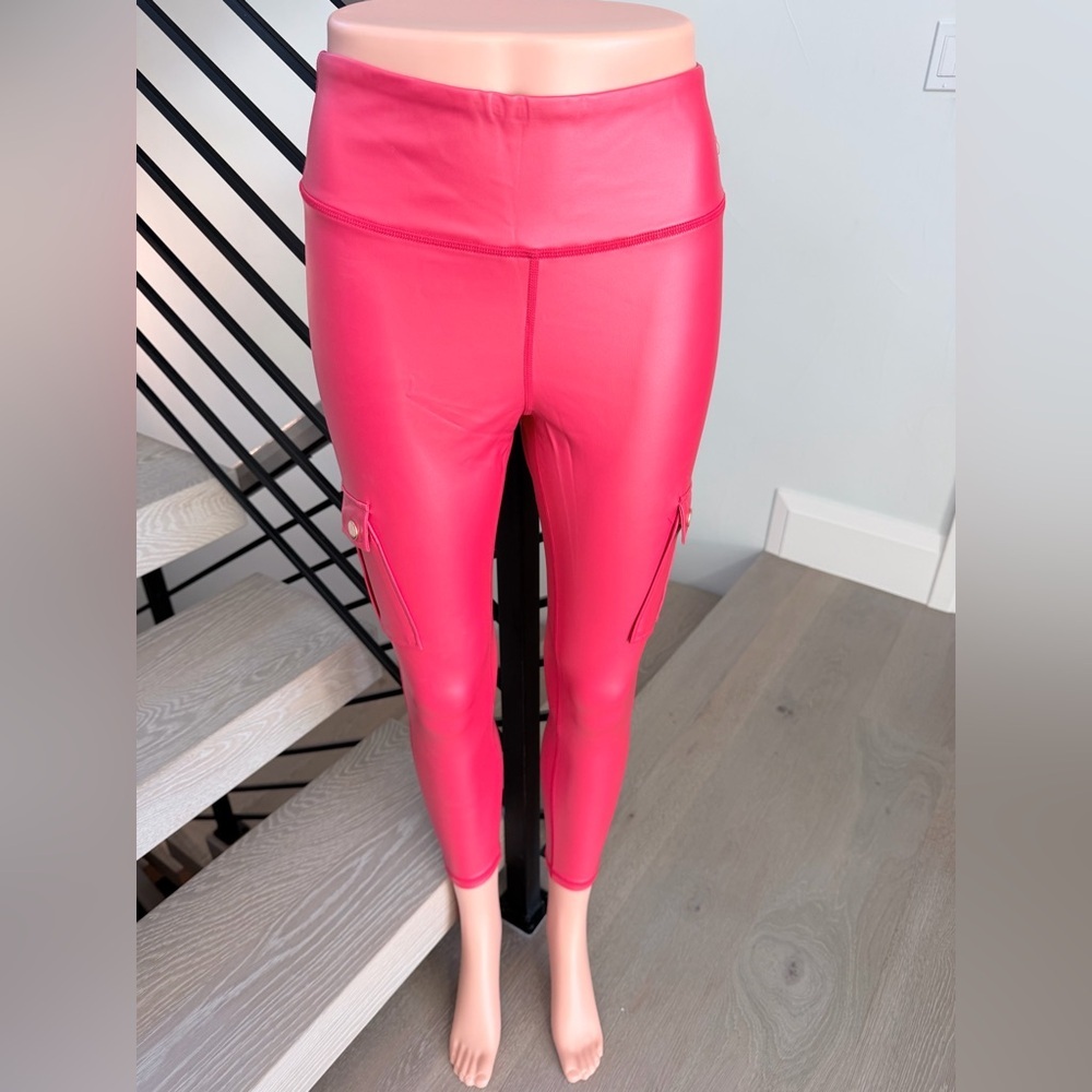 New Y2K Vibrant Red Faux Leather Cargo Leggings with Pockets size 26